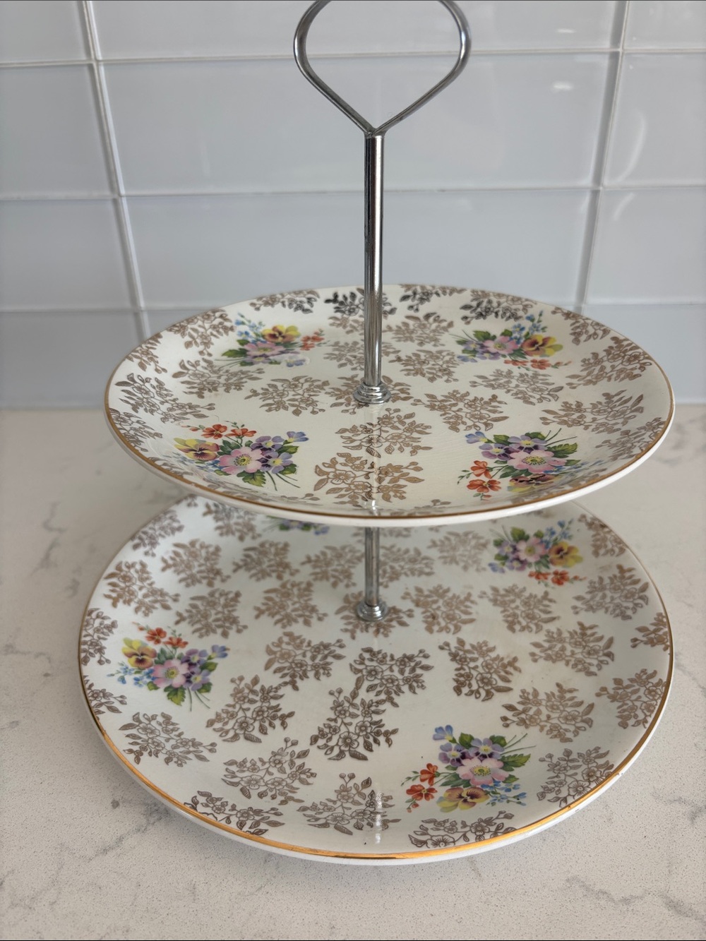 Vintage Barratt’s England Two-Tier Floral Serving Stand